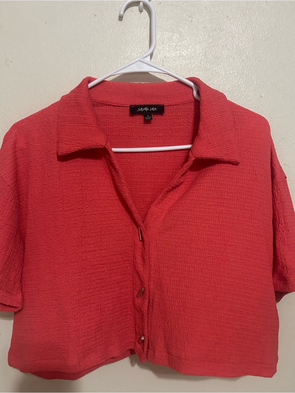 Sincerly Jules Red Cotton-Blend Cropped Button Front Top